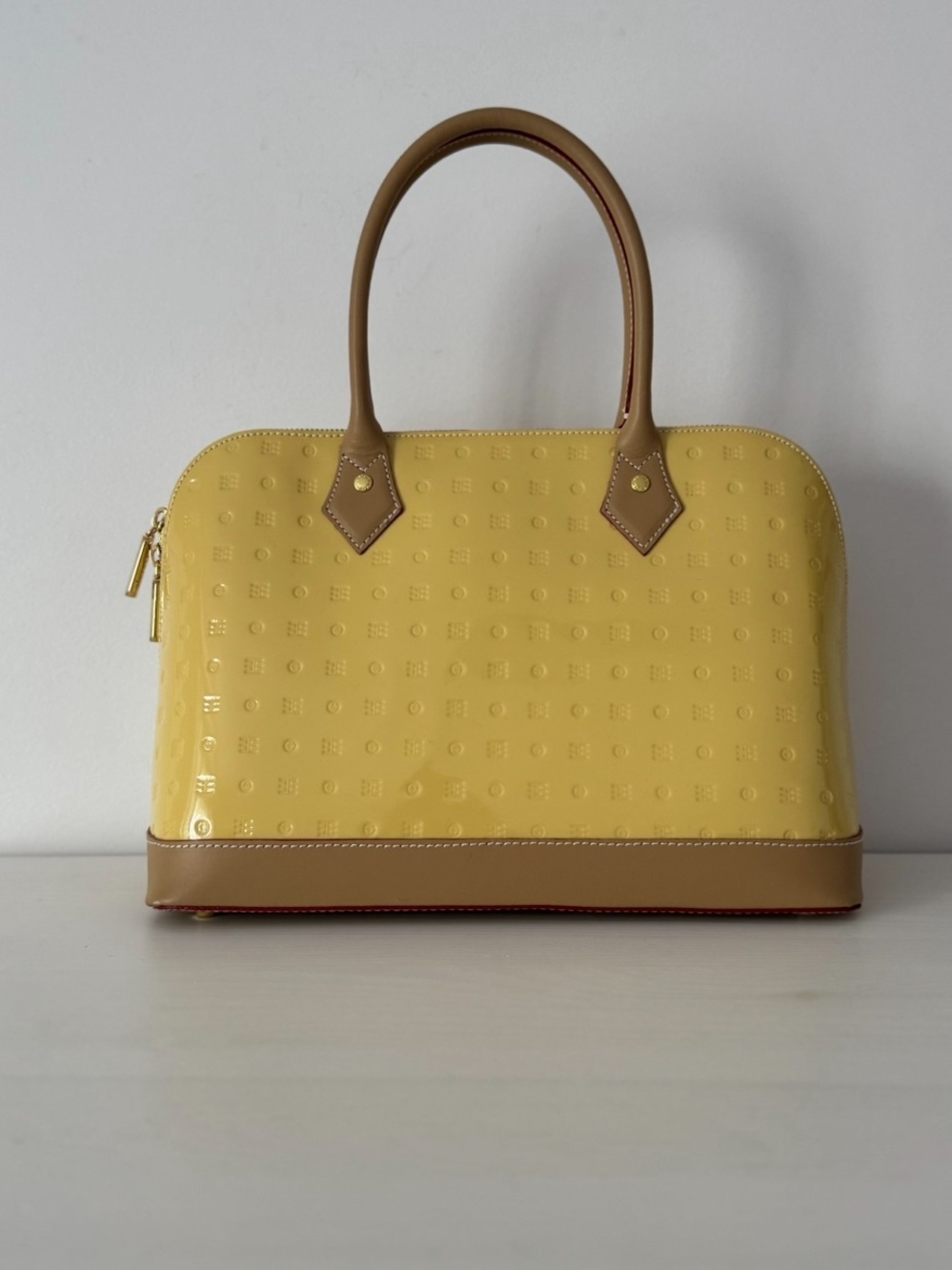 Arcadia Butter Yellow Patent Leather Embossed Handbag